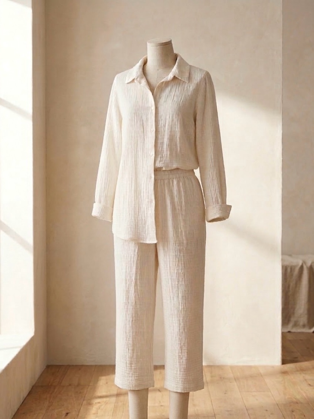 Relaxed Cream Cotton Gauze Set — Button-Front Top & Elastic Waist Pants